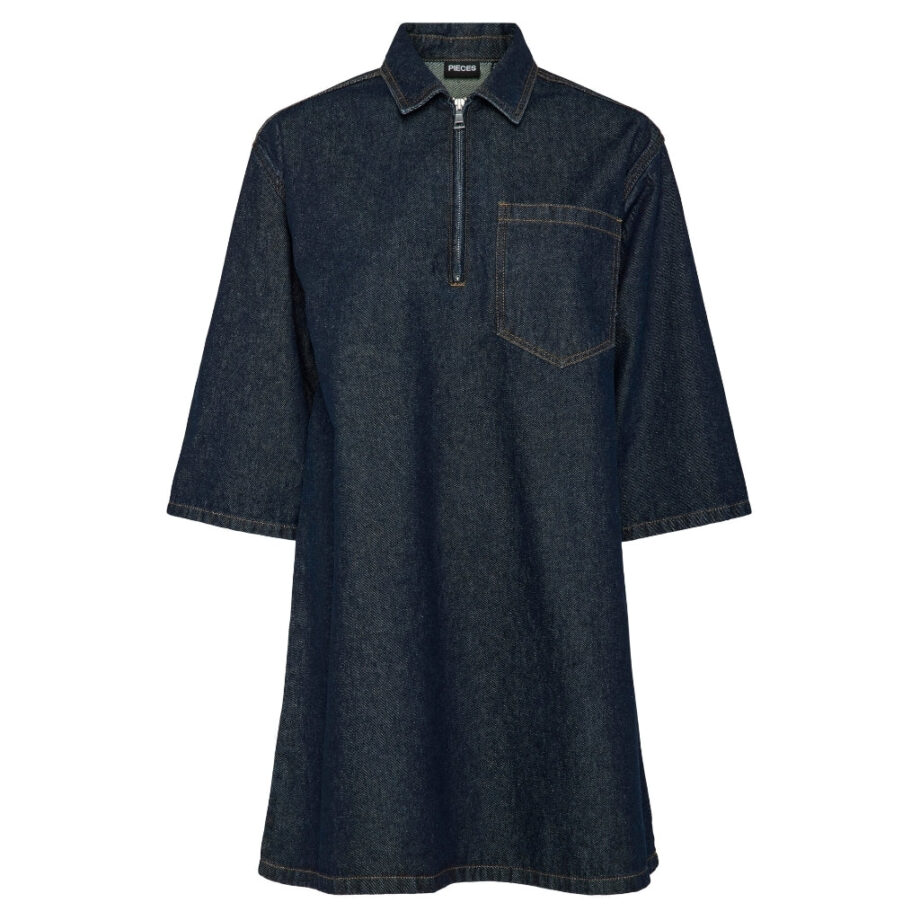 Blå Pieces Dame Kjole Pcnevin Dark Blue Denim - Pieces Kjoler  - 5715610989458
