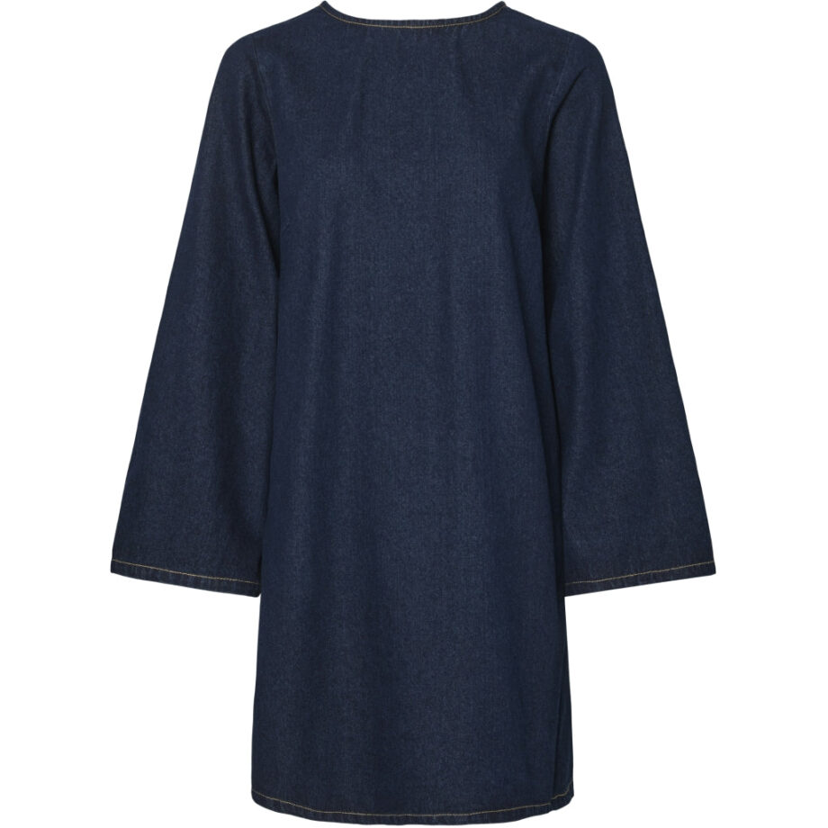 Sort Pieces Dame Kjole Pcofelia Medium Blue Denim Black Satin Bow - Pieces Kjoler  - 5715677390310